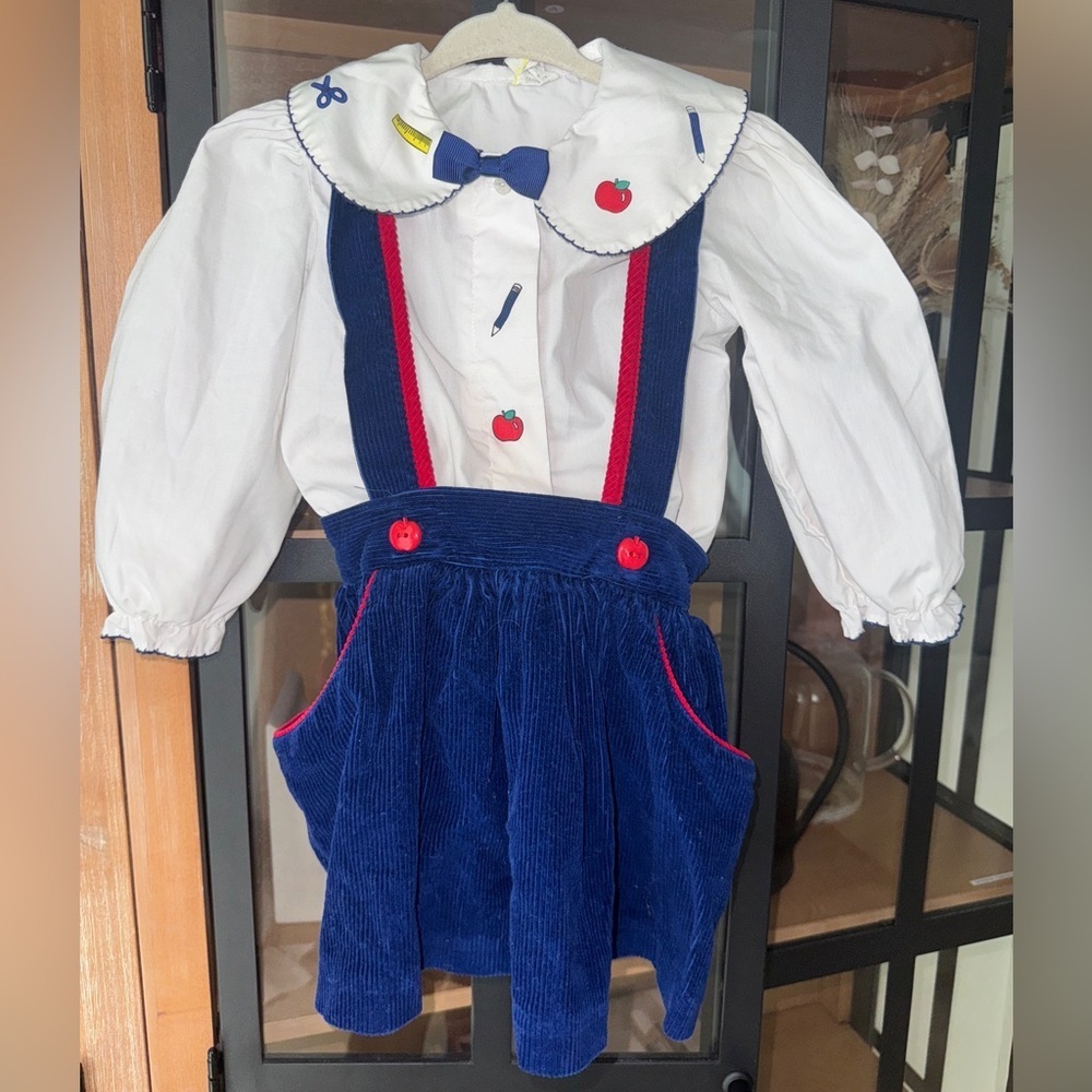 Vintage 1994 apples overalls dress set long sleeve top bow school collar toddler - Picture 3 of 10